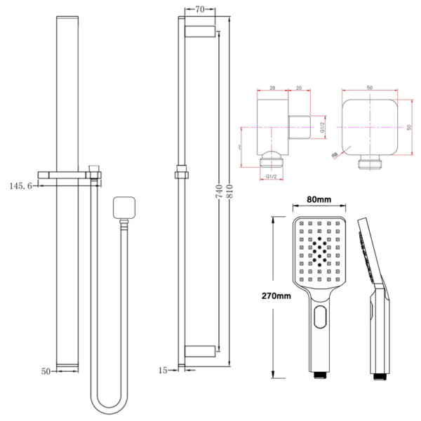 Square Chrome Sliding Shower Rail without Handheld Shower - Image 3