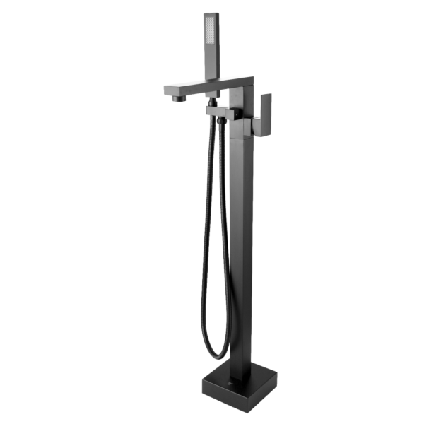 Square Gun Metal Grey Freestanding Bath Mixer With Handheld Shower - Image 2