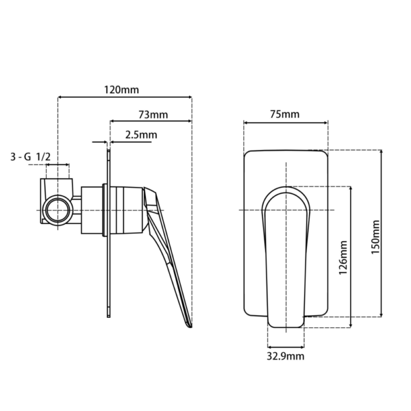 AU Series Square Black Shower/Bath Wall Mixer - Image 3