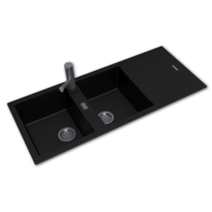 1160*500*200mm Black Granite Quartz Stone Kitchen Sink Double Bowls Drainboard Top/Undermount