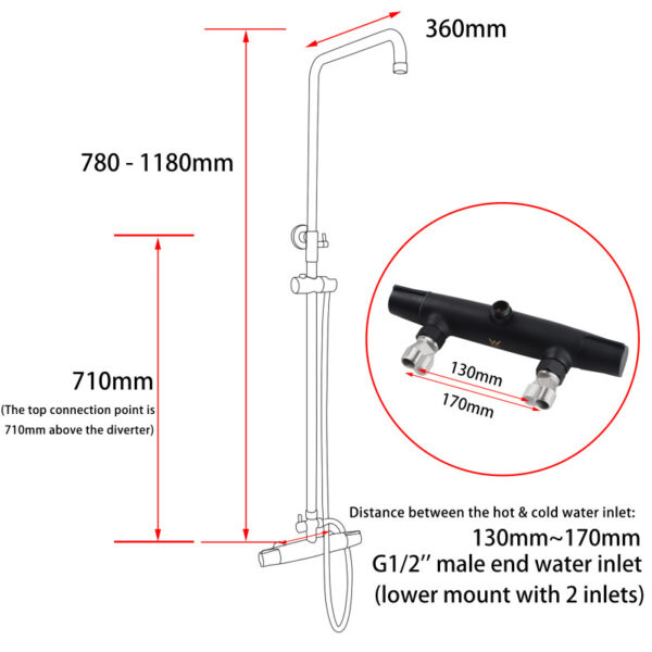 Black Round Wall Mount Bottom Inlet Shower Rail - Image 3