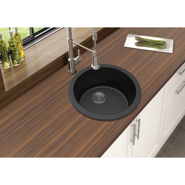 Black Granite Quartz Stone Kitchen/Laundry Sink Round Single Bowl Top/Under Mount 460mm - Image 3