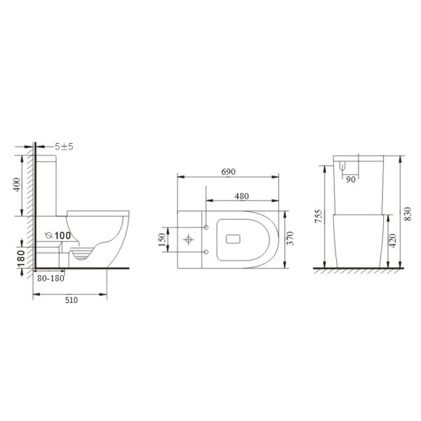690*370*830mm Bathroom Rimless Back To Wall White Ceramic Toilet Suite - Image 3