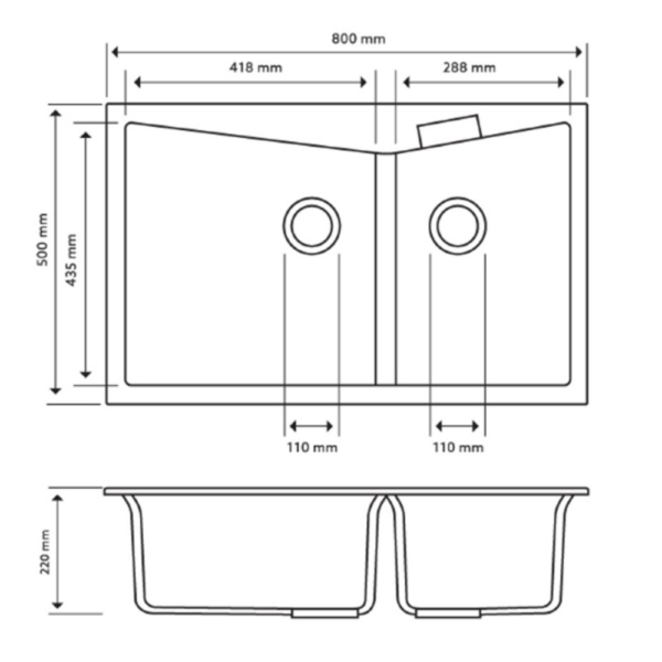 800 x 500 x 220mm Carysil Black Double Bowl Granite Kitchen Sink Top/Flush Mount - Image 5