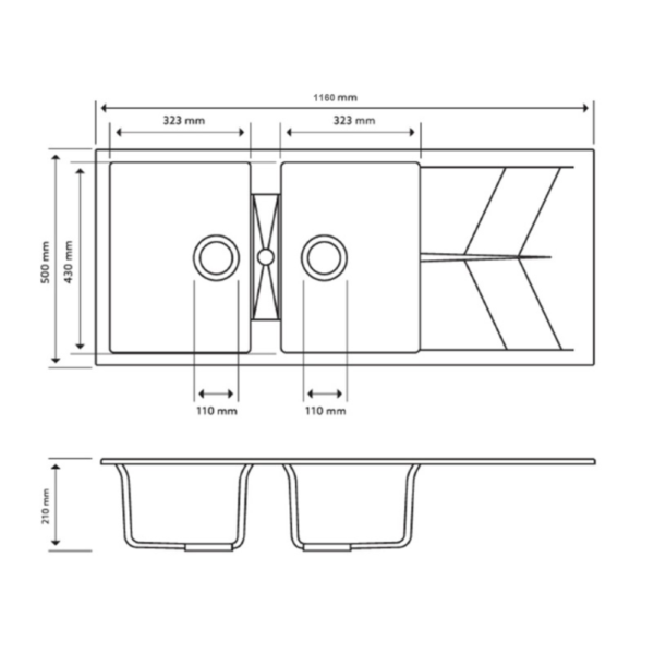 1160 x 500 x 210mm Carysil Black Double Bowl Drainer Board Granite Kitchen Sink Top/Flush/Under Mount - Image 5
